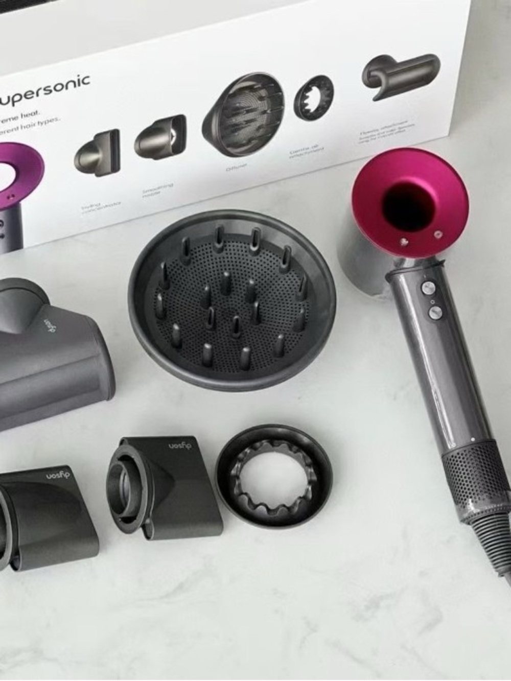 Dyson Supersonic Hair Dryer in Pink and Gunmetal with Styling Attachments